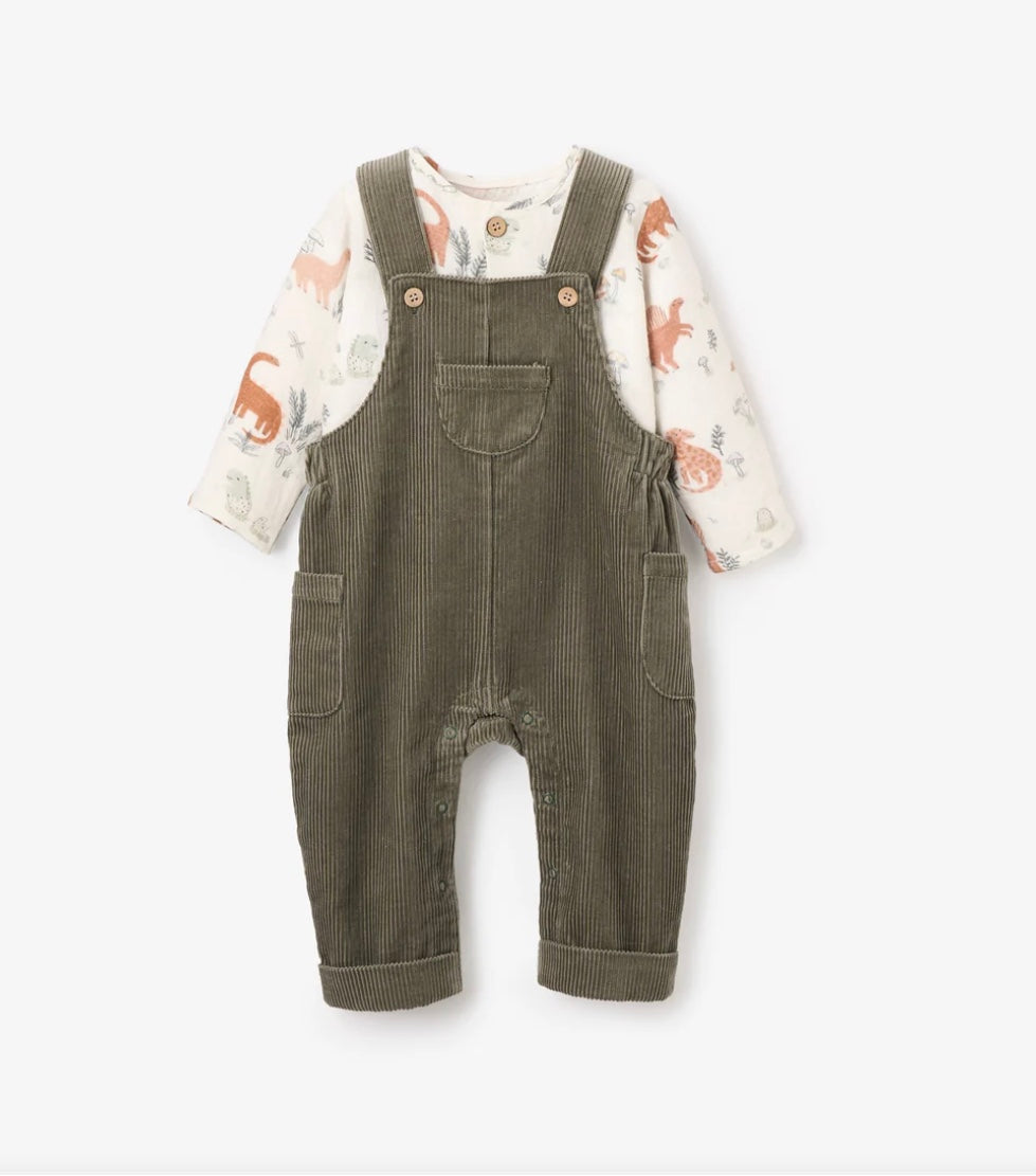Dinosaur Organic Muslin Top and Corduroy Overalls in Olive by Elegant Baby