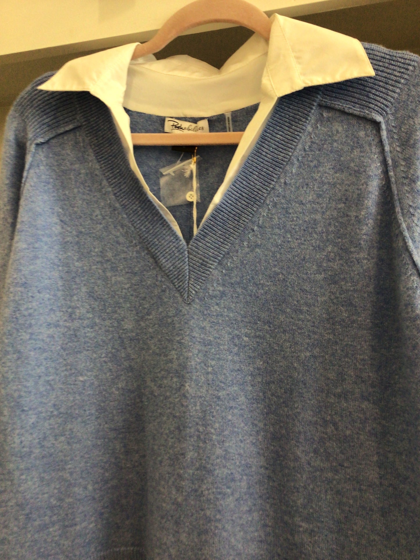 V Neck Cashmere Sweater with Shirting in Periwinkle by Poshabilities