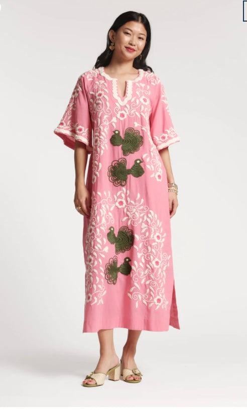 Peacock Caftan Embroidery Cotton  in Pink by Frances Valentine