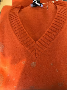 Cashmere V-Neck Sweater in Tangerine with Silver Splash by Pure Amici