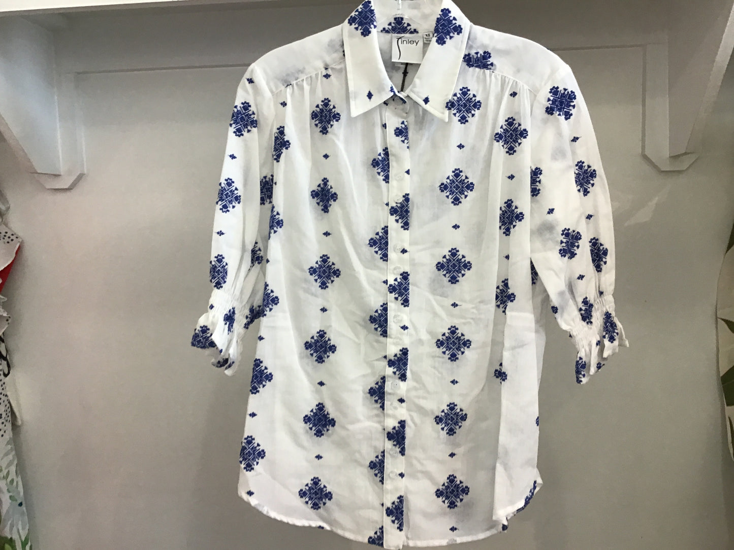 Sirena Smocked Sleeve Shirt in Embroidered Icon by Finley