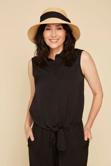 Button-up tie front blouse in Black by Renuar 5145