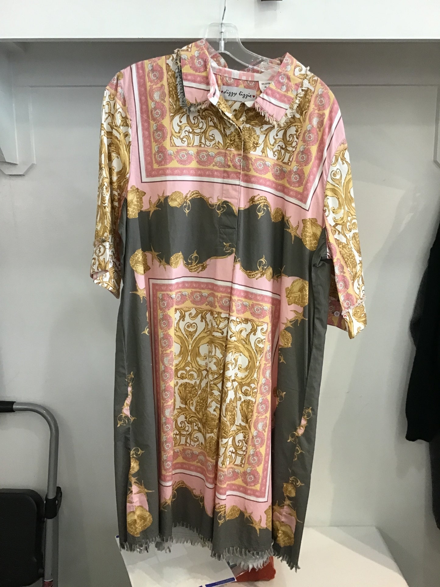 Chatham Dress with Gold and grey Shell and filigree print by Dizzy Lizzie