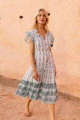 Cinched Flirty MIDI Bordego Green Dress by Oliphant