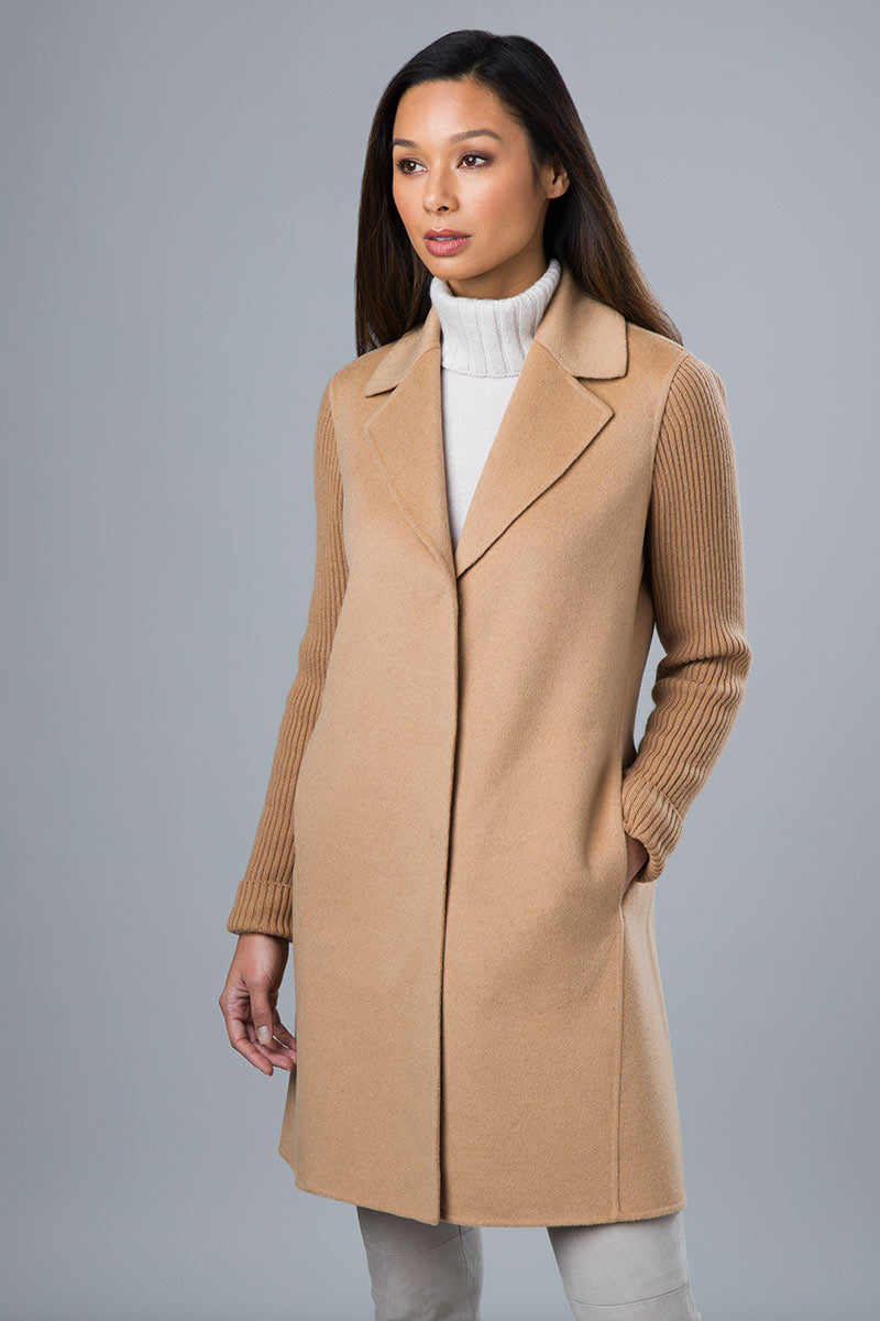 Ribbed Sleeve Cashmere Coat in Camel by Kinross