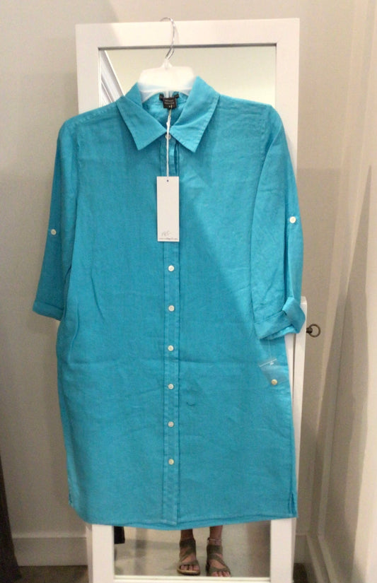 Linen Button Down Dress in Turquoise by Poshabilities