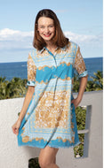 Chatham Dress in Blue Gold Scroll Print by Dizzy Lizzie