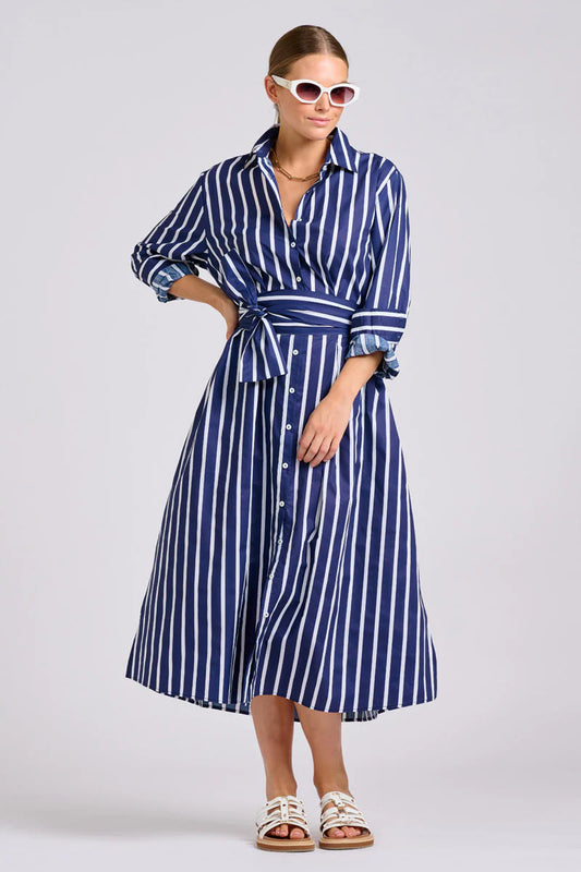 Luna LongLine Shirt Dress in Navy Thick Stripe by Shirty