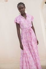 Ruffle Collar Button Maxi in Malta Pink by Oilphant