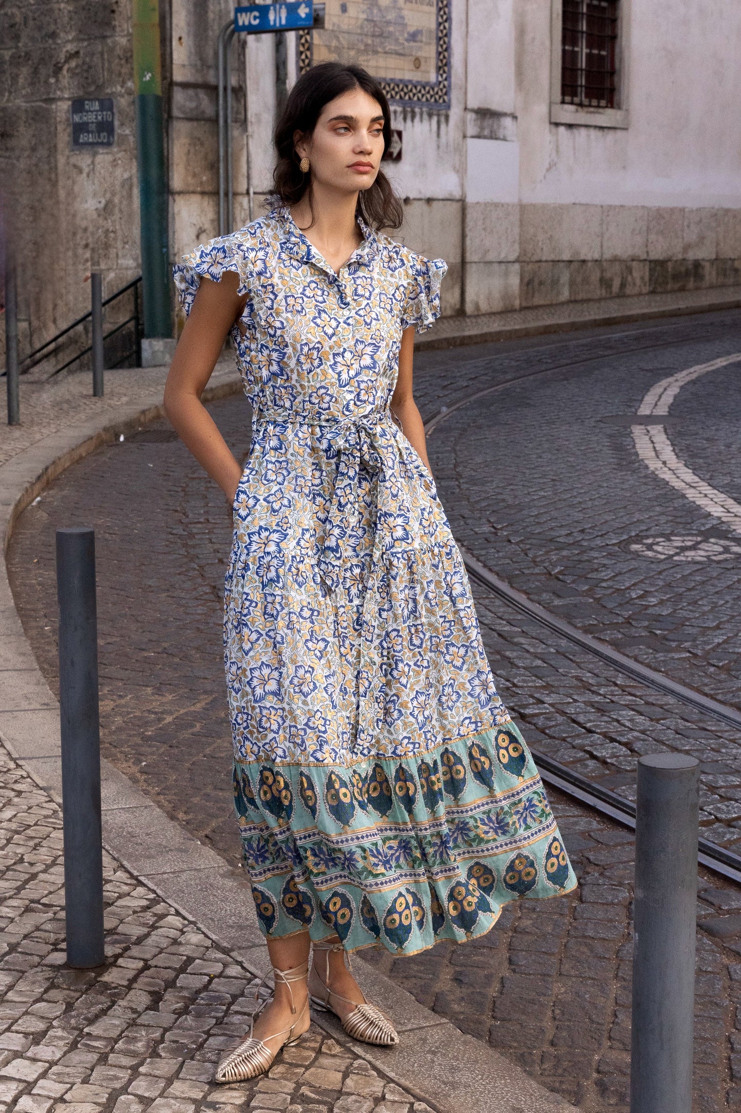 Ruffle Collar Button Maxi in Ivy Cobalt by Oliphant