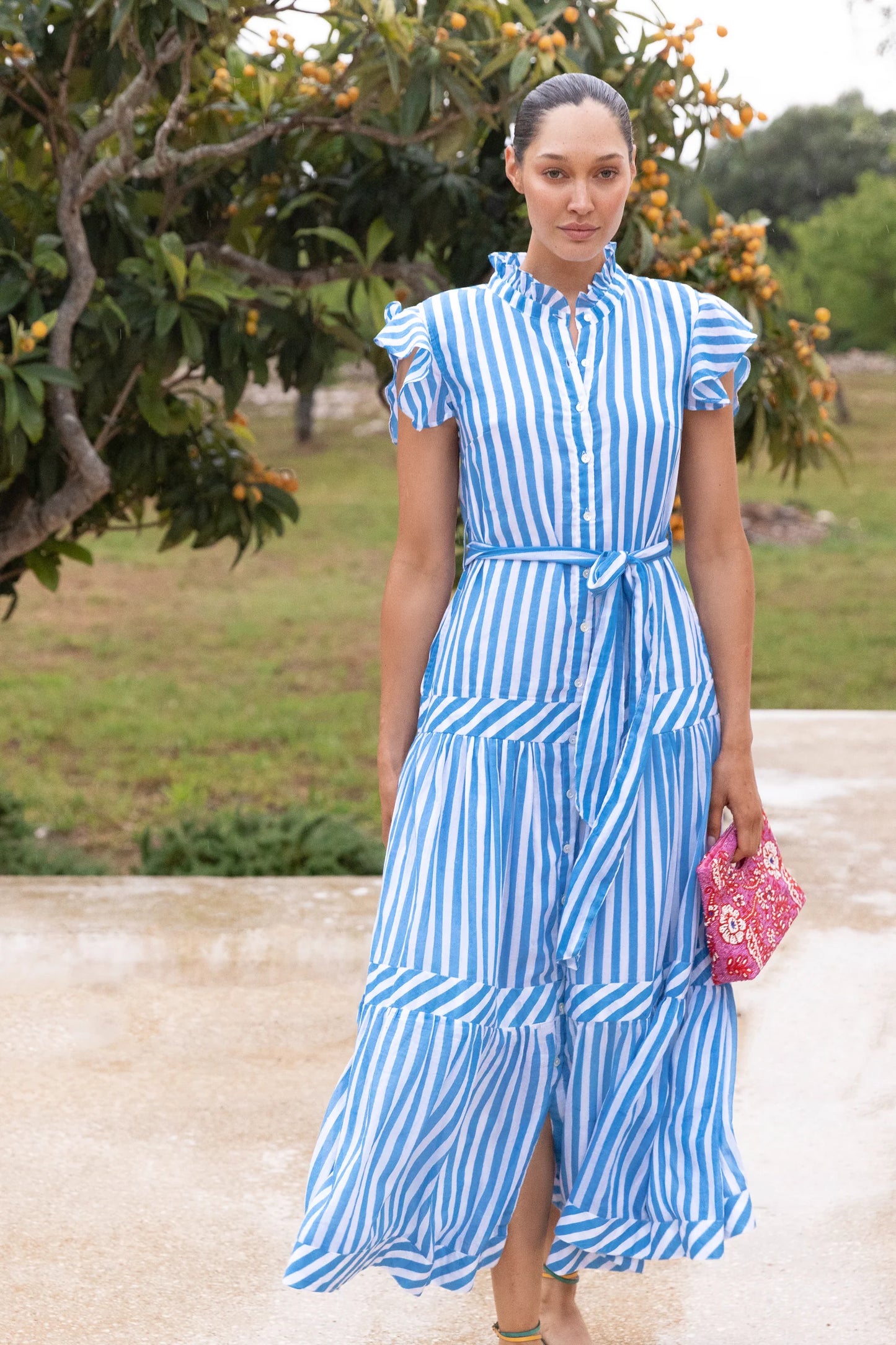 RUFFLE COLLAR BUTTON MAXI- PLAYA BLUE by Oliphant