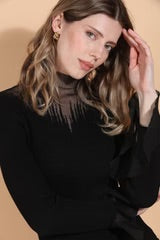 Sheer Mock Neck Lightweight Knit Top With Peplum Cuff by Jessie Liu