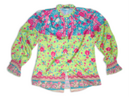 Satin Shirred Sleeve Button-Up in Floral Kiwi by David Cline