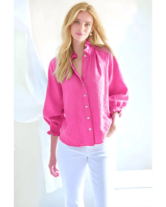 Fiona Ruffle Neck Shirt Textured Jacquard Shirt in Pink by Finley