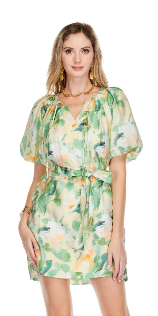 Pleated Puff Sleeve Dress in Brush Floral by Jade Melody Tam