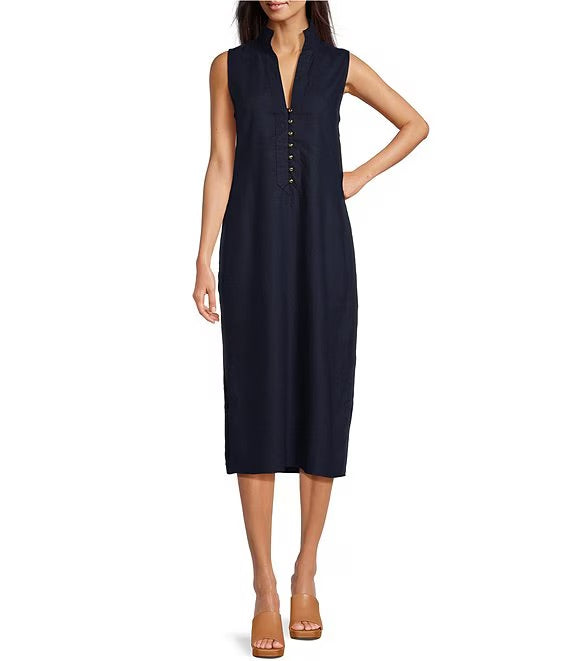 Sleeveless Button Midi Tunic in Solid Navy Sail to Sable