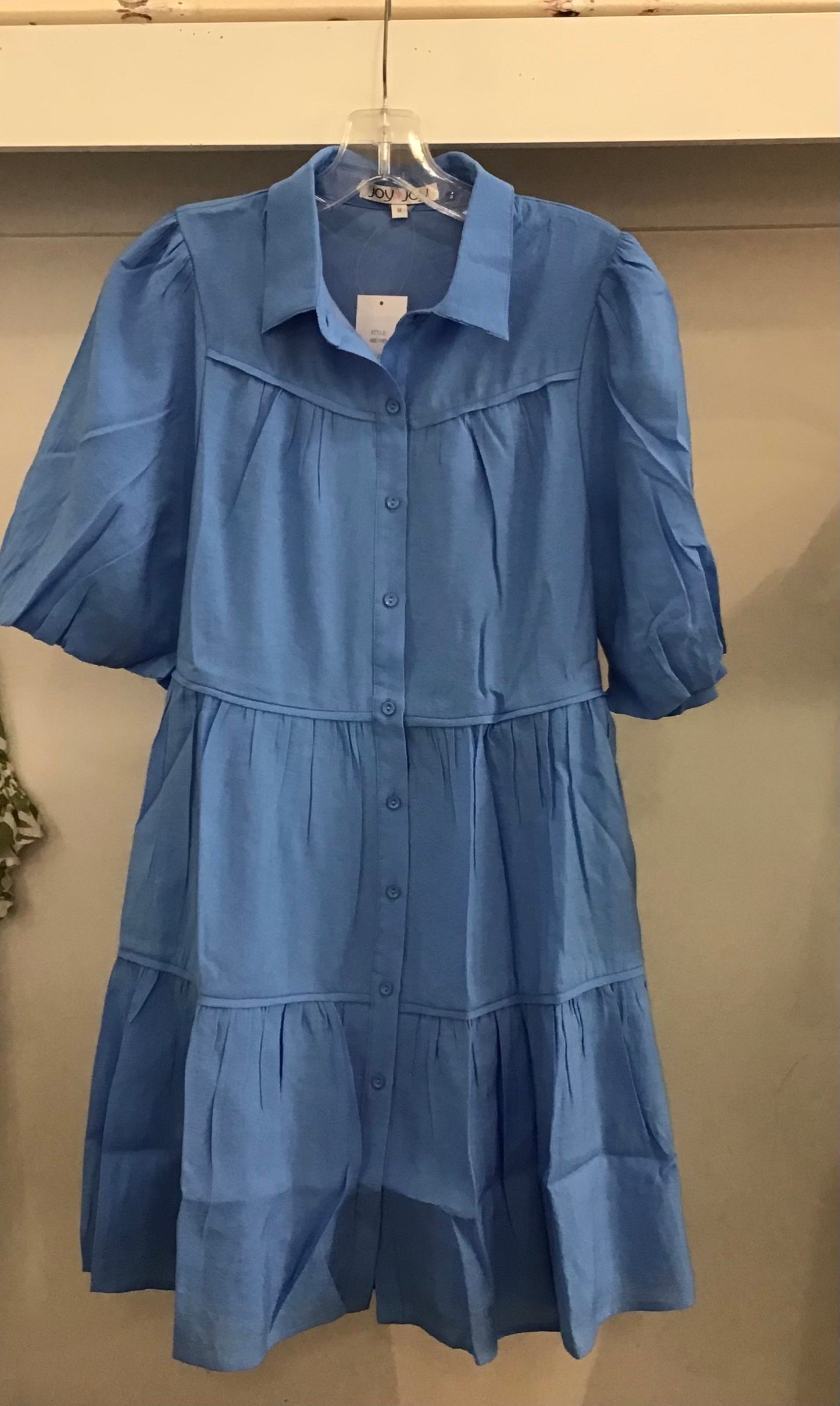 Button Tiered Dress in Blue by Joy Joy