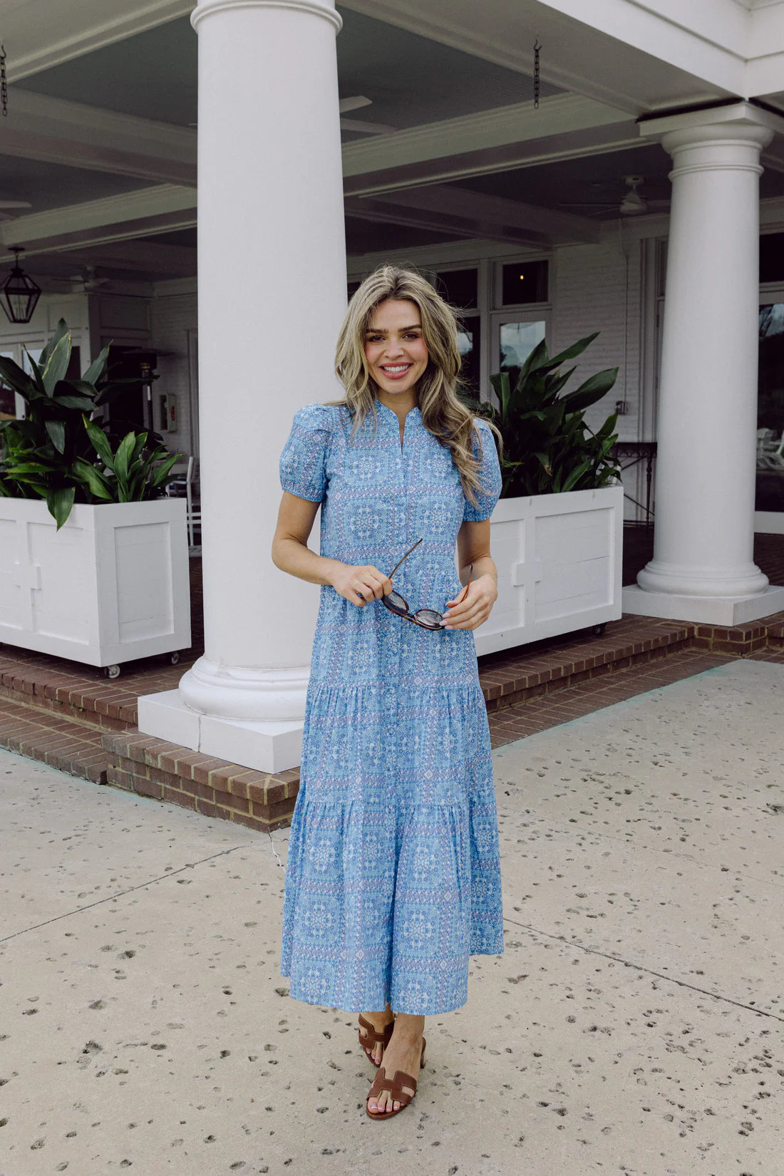 Blue Floral Tile Puff Sleeve Maxi Shirt Dress by Sail to Stable