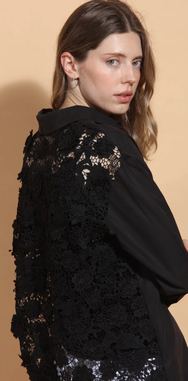 Cotton Shirt with 3-D Appliqué Lace Back in Black by Jessie Liu