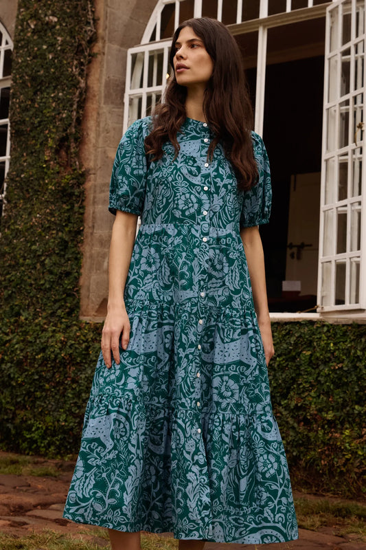 Scoop Tiered Midi Dress in Singita Green by Oliphant