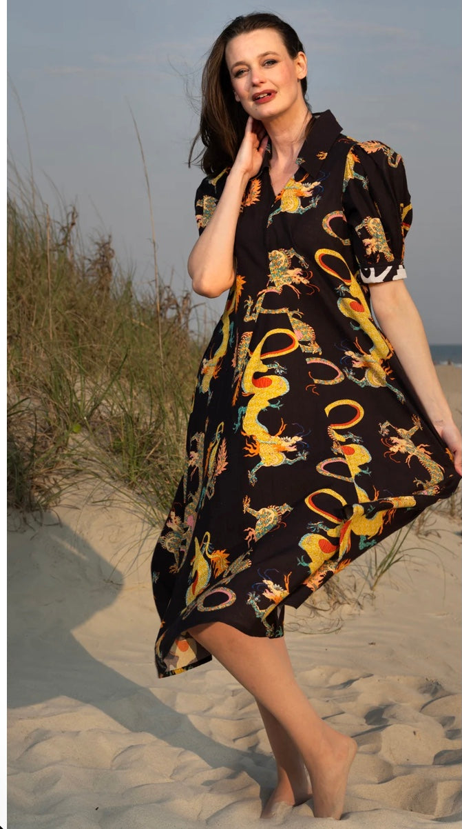 Montauk Dress in Black Dragon Print by Dizzy Lizzie