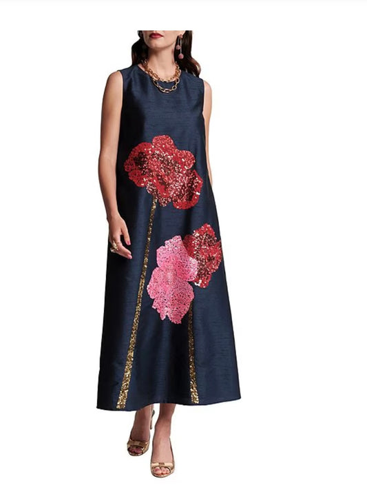Alice Midi Dress in Poppy Poly Navy by Frances Valentine