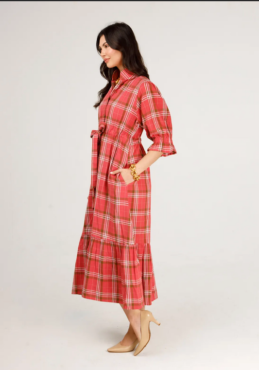 Catherine Dress in Pink Brown Plaid Cord by Holly Shae