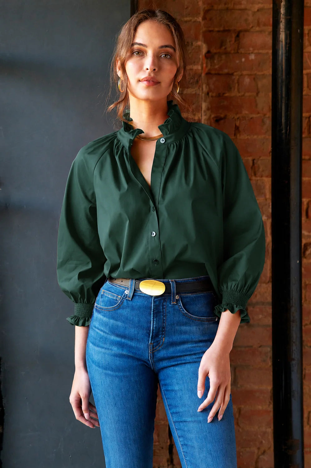 Fiona Ruffle Shirt in Forest Green by Finley