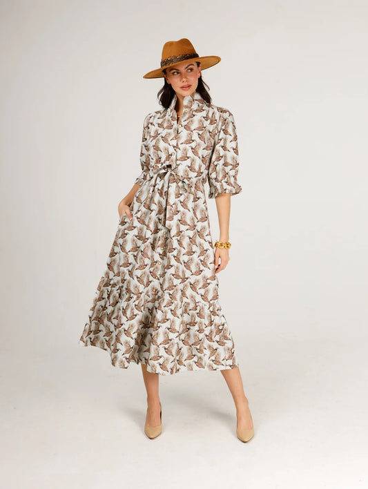 Catherine Dress in Field and Quail Mini Brown on Green