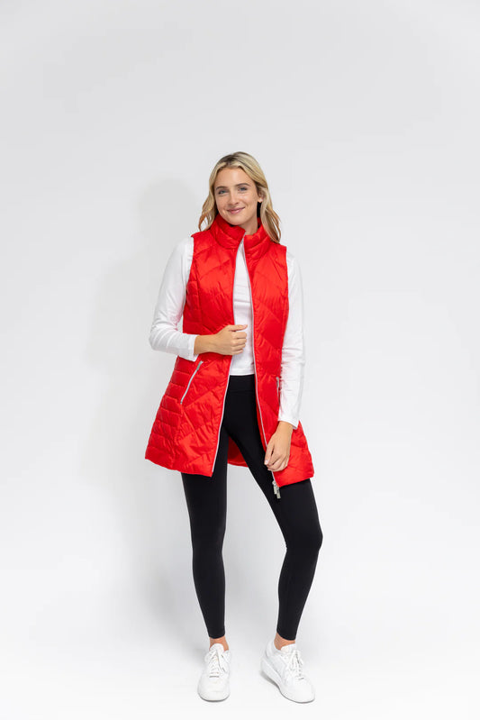 Chevron Quilted Long Vest in Flame Red by My Anorak