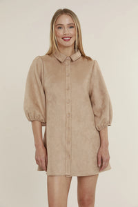 Faux Suede Exagerated Sleeve Dress in Camel by DolceCabo