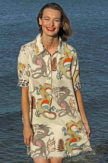 Chatham Dress Dragon Print in Cream by Dizzy Lizzie