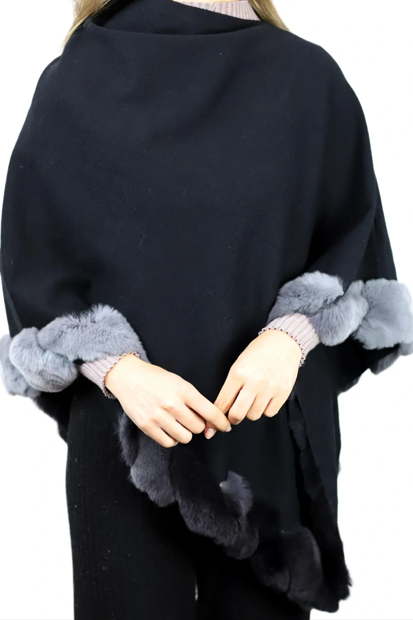 Asymmetrical Poncho with Ombré Fur Trim in Black by La Fiorentina