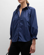 Fiona Ruffle Neck Shirt Solid Silky Poplin in Navy by Finley