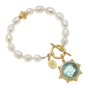 Gold Aqua Venetian Glass Fleur Pearl Bracelet