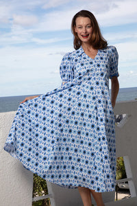 MONTAUK DRESS BLUE IKAT PRINT by Dizzy Lizzie