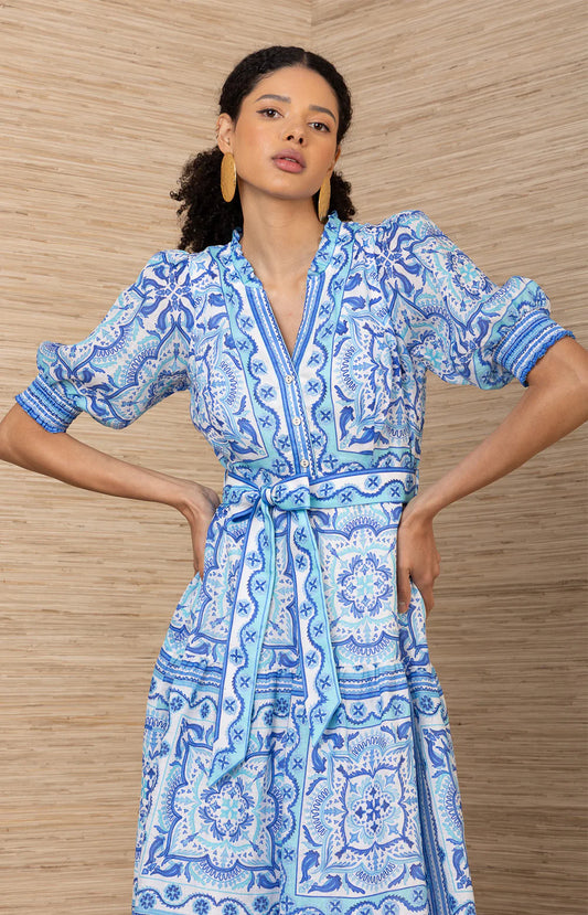 Bess Linen Midi Dress in Blue by Hale Bob