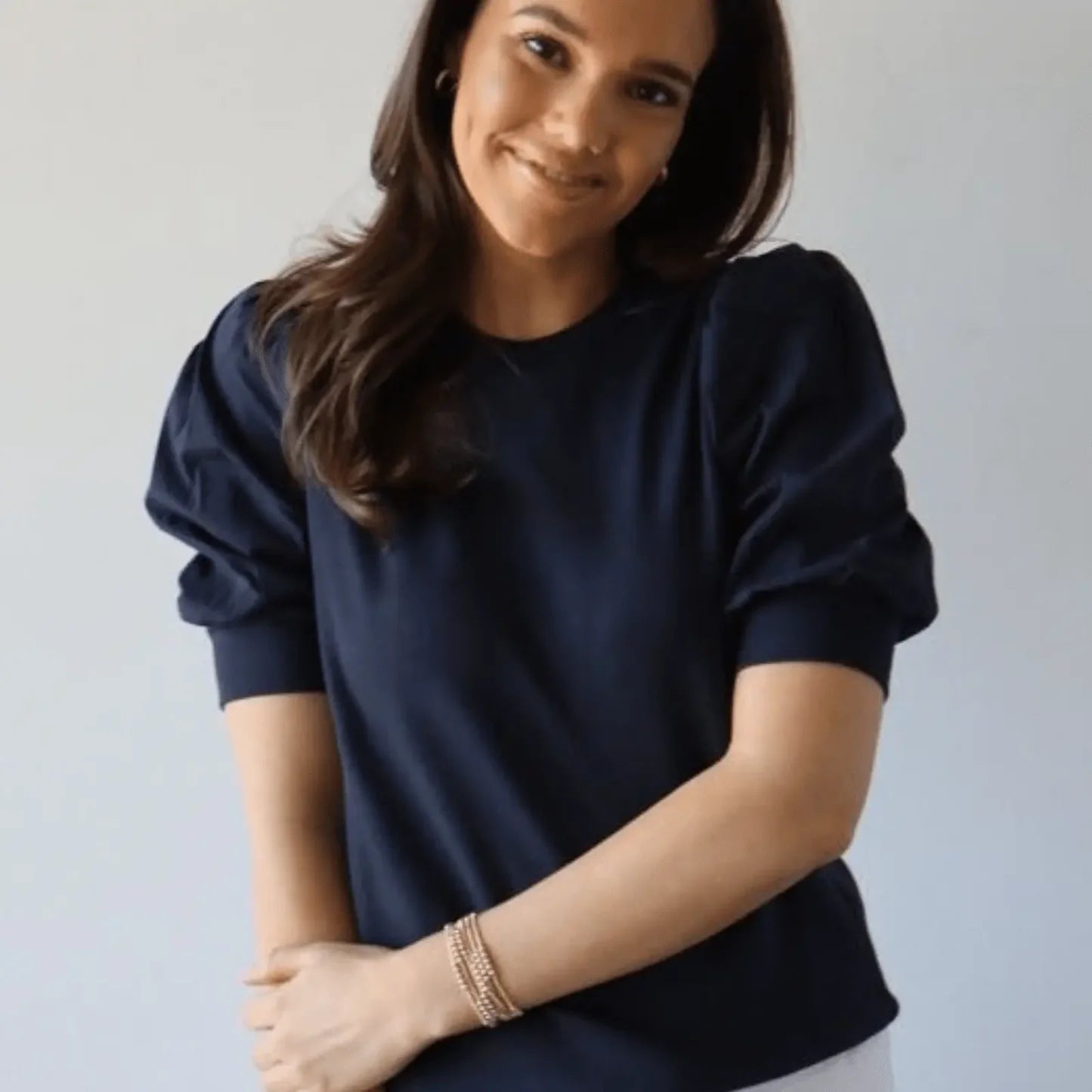 Audrey Puff Sleeve Crewneck in Navy by Erin Gray