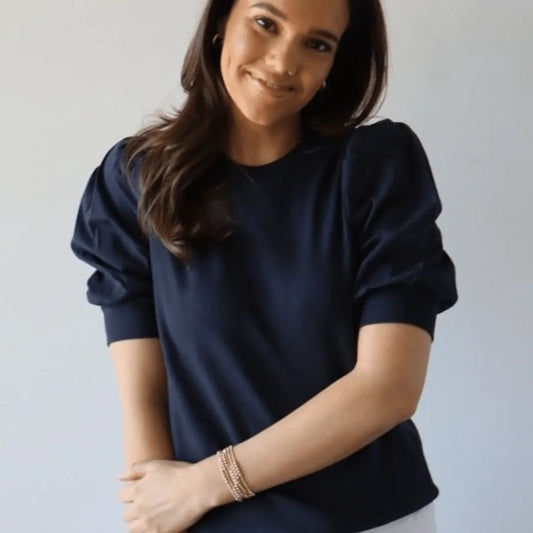 Audrey Puff Sleeve Crewneck in Navy by Erin Gray