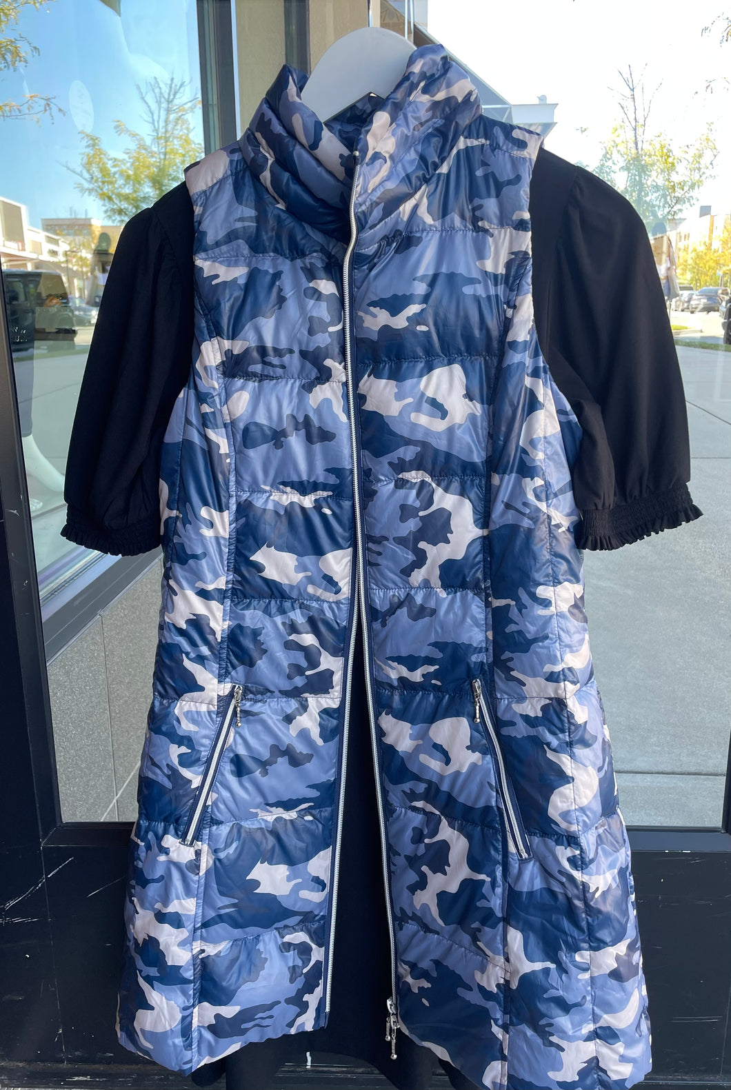 Long Down Filled Printed Vest in Navy Camo by My Anorak