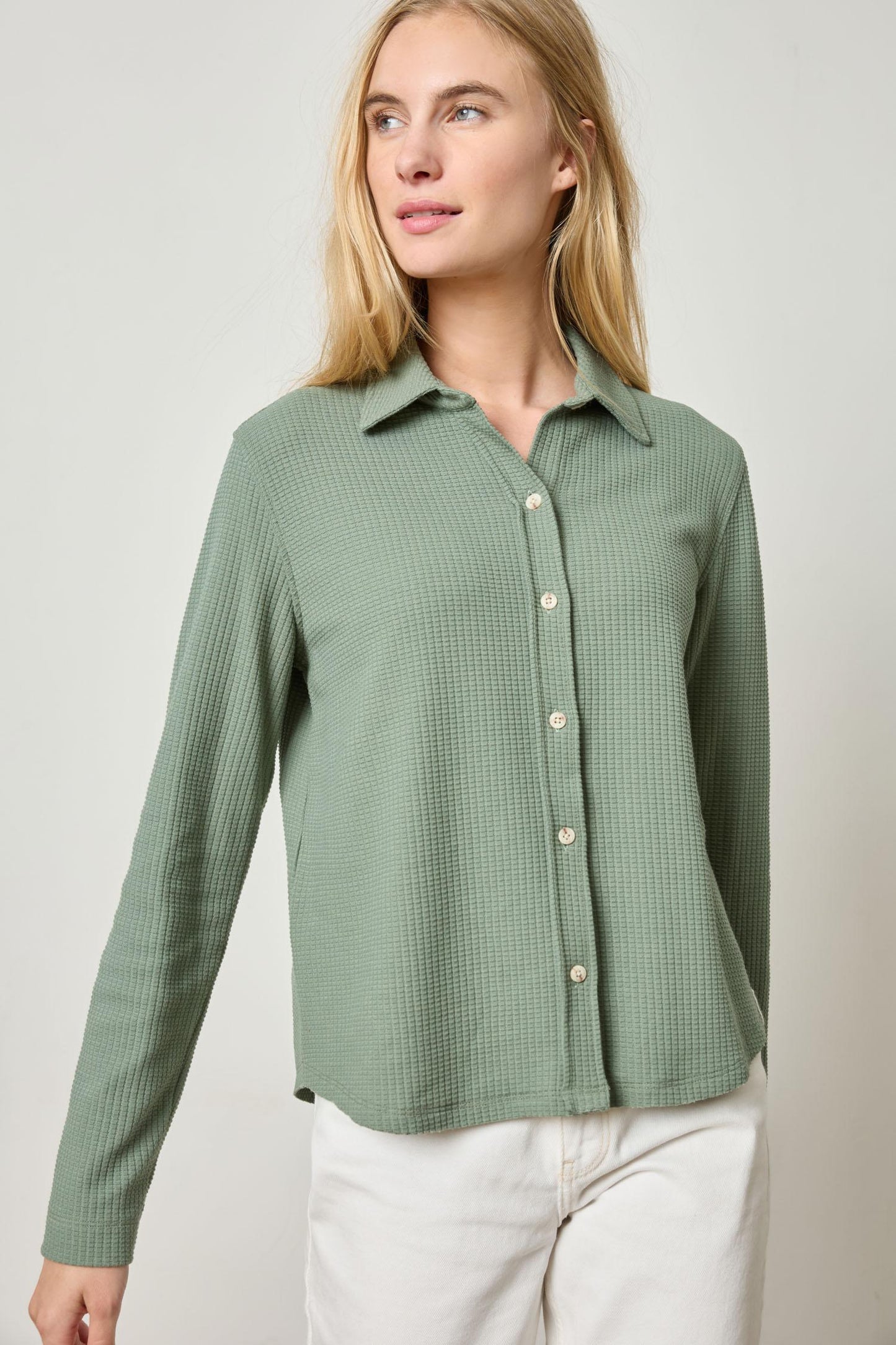 Collared Button Down Shirt in Seagrass Green by Lilla P