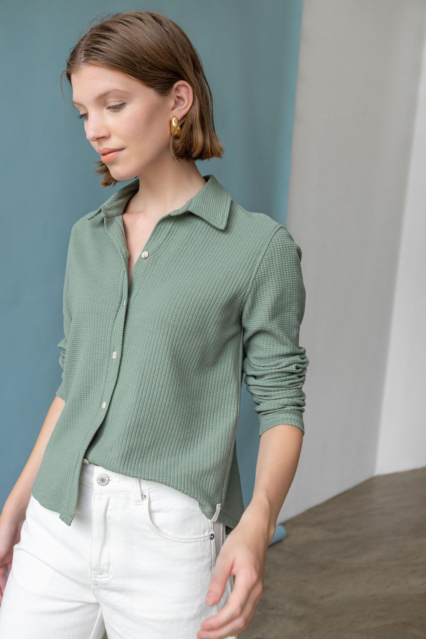 Collared Button Down Shirt in Seagrass Green by Lilla P