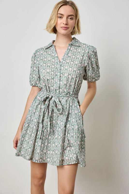 Short Sleeved Tiered Peplum Dress in Seagrass Print by Lilla P