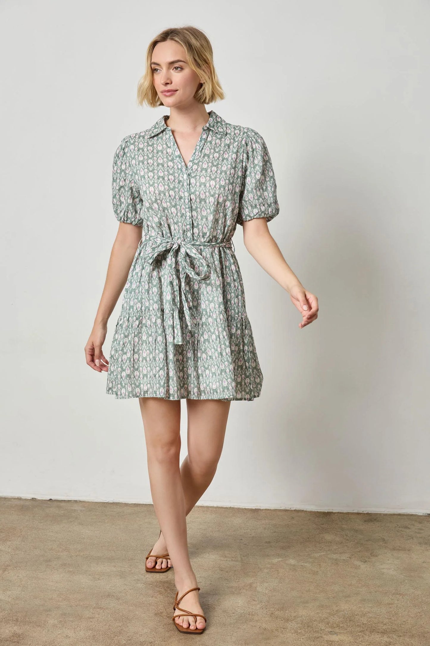 Short Sleeved Tiered Peplum Dress in Seagrass Print by Lilla P