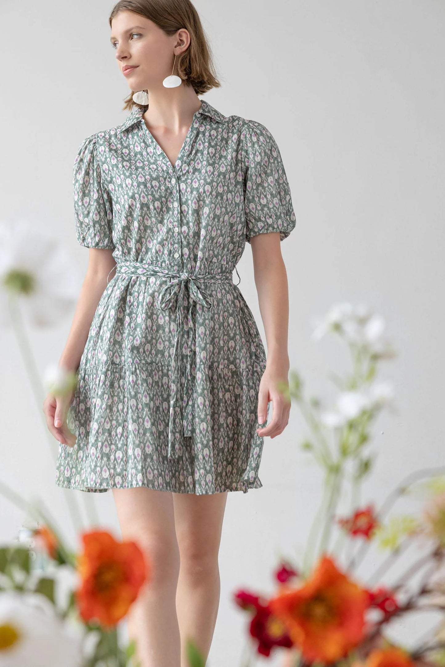 Short Sleeved Tiered Peplum Dress in Seagrass Print by Lilla P