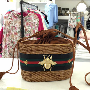 Charlotte small crossbody with blk/green red ribbon and gold bee by Lisi Lerch