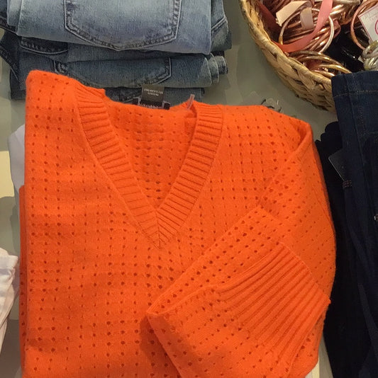 Tangerine Mesh Stitch V-Neck in Cashmere by Pure Amici