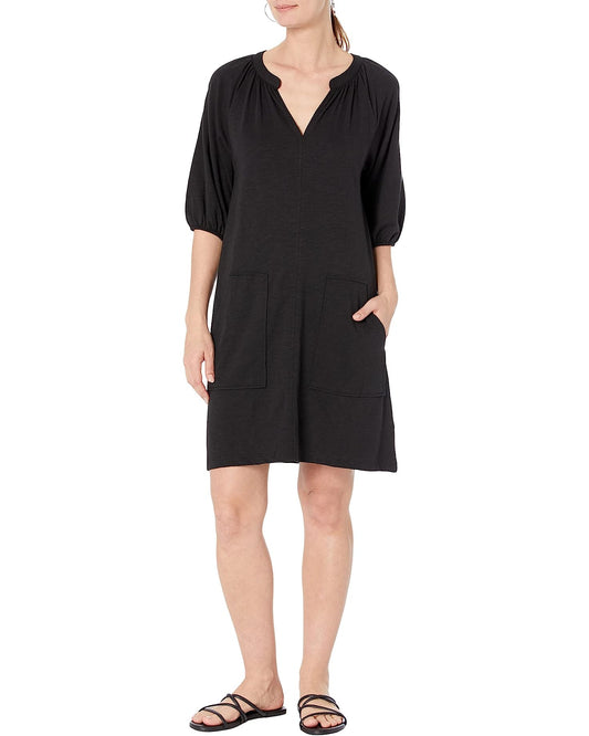 3/4 Sleeve Split Neck Dress in Black by Lilla P