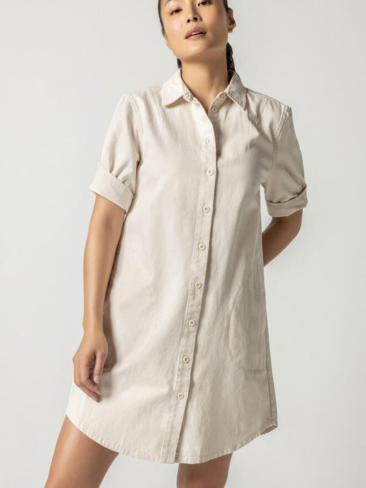 Cuff Sleeve Shirt Dress in Natural by Lilla P