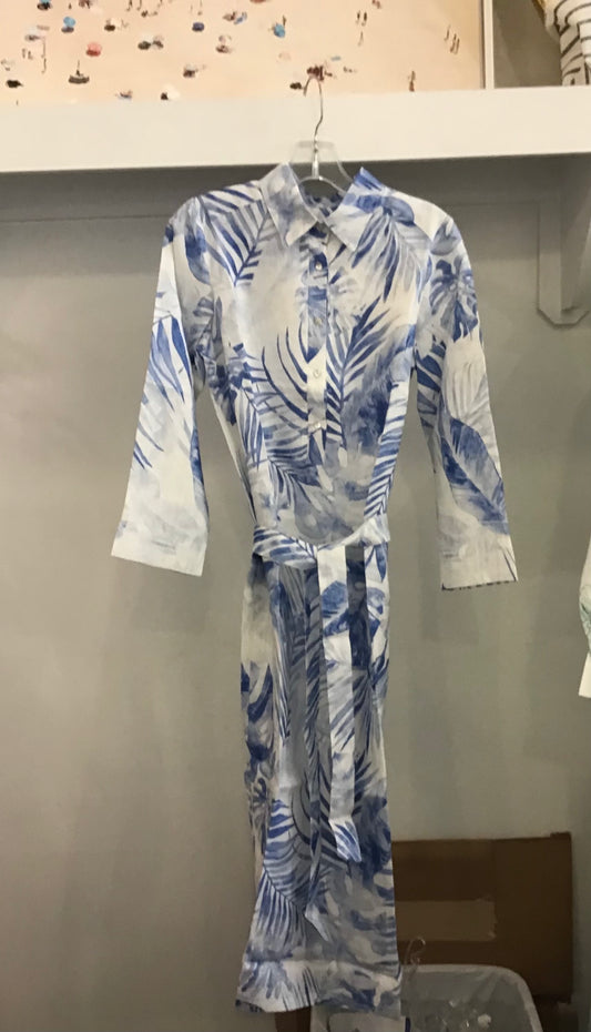 Long Shirt Dress in Monstera Blue by ILinen